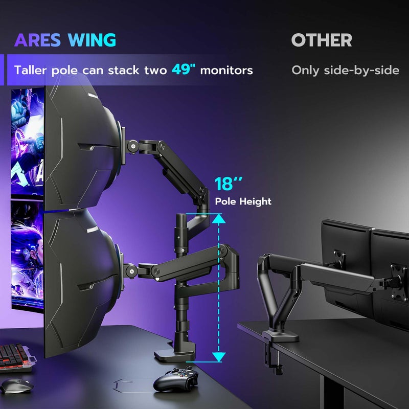ARES WING Dual Monitor Arm Desk Mount for 17-49 Inch Ultrawide Monitors, Heavy Duty Dual Monitor Mount Holds 44 lbs, Full Motion Gas Spring Vertical Stacked Monitor Mount, 75/100 VESA Mount, Black - Image 3
