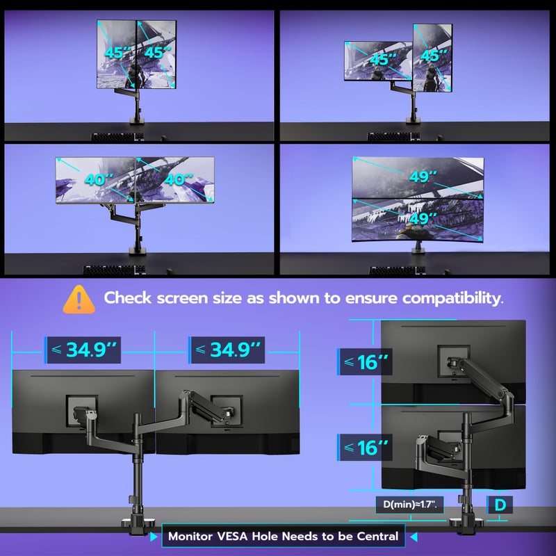 ARES WING Dual Monitor Arm Desk Mount for 17-49 Inch Ultrawide Monitors, Heavy Duty Dual Monitor Mount Holds 44 lbs, Full Motion Gas Spring Vertical Stacked Monitor Mount, 75/100 VESA Mount, Black - Image 2