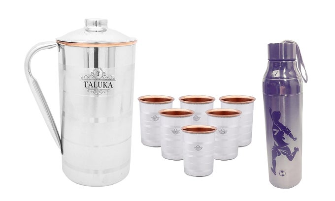 STAINLESS STEEL COPPER JUG 2000 ML FOR DRINKING WATER WITH 5 STEEL COPPER GLASS 350 ML AND 1 STEEL BOTTLE WATER STORAGE