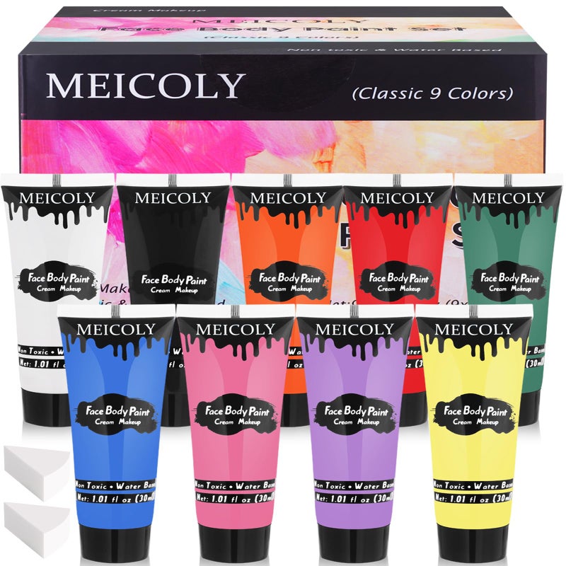 MEICOLY 9 Colors Face Body Paint Set,1.01x9oz/Box,Water Based Washable Face Paint for Adult Kid,Elphaba Green Face Paint,Safe Body Paint for Skin,Red White Blue Face Painting Kit for Halloween Makeup - Image 1
