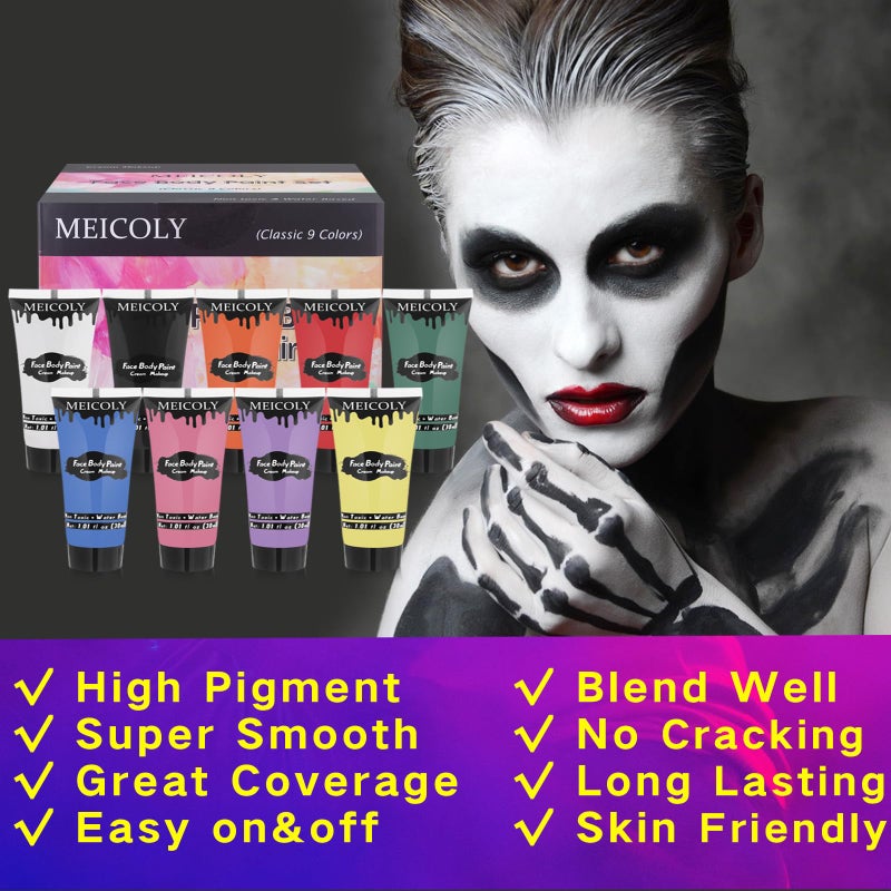 MEICOLY 9 Colors Face Body Paint Set,1.01x9oz/Box,Water Based Washable Face Paint for Adult Kid,Elphaba Green Face Paint,Safe Body Paint for Skin,Red White Blue Face Painting Kit for Halloween Makeup - Image 3