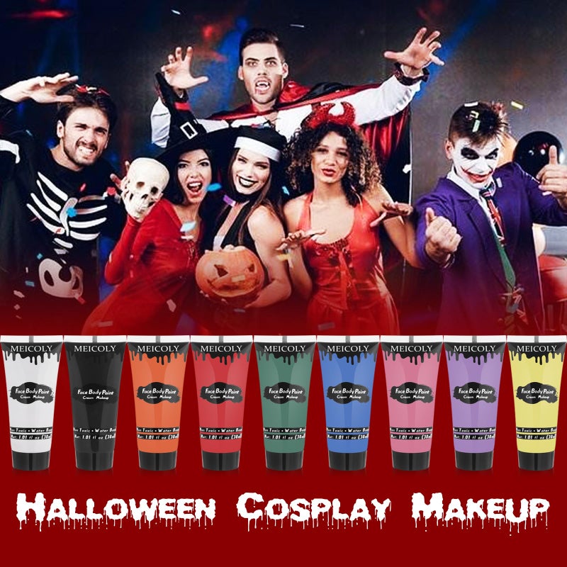 MEICOLY 9 Colors Face Body Paint Set,1.01x9oz/Box,Water Based Washable Face Paint for Adult Kid,Elphaba Green Face Paint,Safe Body Paint for Skin,Red White Blue Face Painting Kit for Halloween Makeup - Image 4