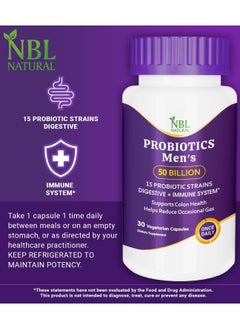 NBL Natural Probiotics for Men 50 Billion CFU 15 Probiotics And Organic Prebiotic Fiber for Digestive, Colon & Immune Support, Daily Gas Relief, 30 Capsules  - Image 5