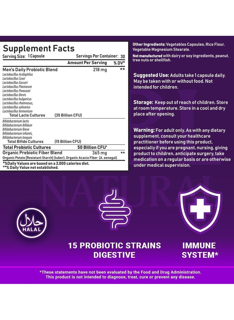 Probiotics for Men 50 Billion CFU 15 Probiotics And Organic Prebiotic Fiber for Digestive, Colon & Immune Support, Daily Gas Relief, 30 Capsules