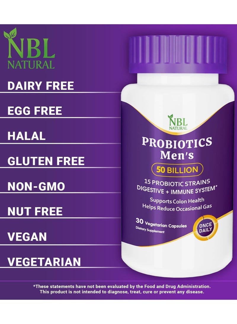 Probiotics for Men 50 Billion CFU 15 Probiotics And Organic Prebiotic Fiber for Digestive, Colon & Immune Support, Daily Gas Relief, 30 Capsules