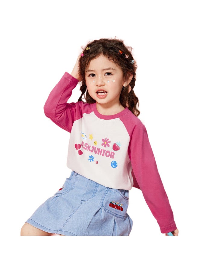 Ask Junior Girls' Long-Sleeve T-Shirt Autumn Collection, Toddler Letter T-Shirt, Raglan Undershirt, White, Size 100 - Image 2