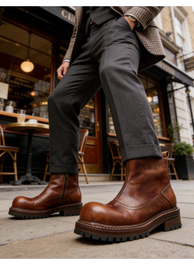 Chelsea Boots, British Style Leather Boots, High Top Versatile Short Boots, Trendy Thick Soled Fashion Round Toe Retro Boots, Fleece Lined - Image 2