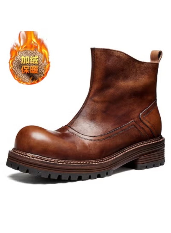Chelsea Boots, British Style Leather Boots, High Top Versatile Short Boots, Trendy Thick Soled Fashion Round Toe Retro Boots, Fleece Lined - Image 5