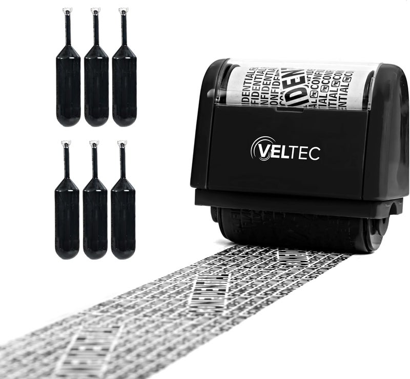 Veltec ID Protector Ink Roller - Identity Theft Protection Roller Stamp Set (Black, Stamp+6 Refills) - Image 1