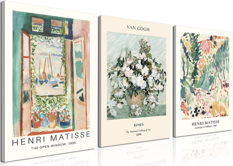 Framed Green Vintage Canvas Wall Art Set of 3  Van Gogh Abstract Rose Pictures Wall Decor Mid Century Modern Matisse Artwork Paintings Prints for Living Room Bedroom Bathroom 12x16 inch