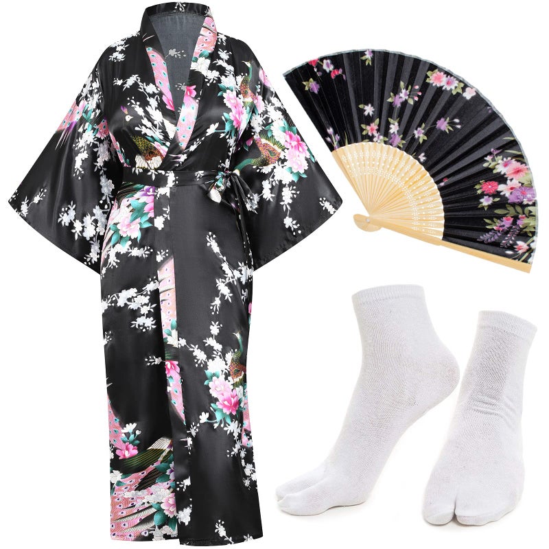 Heone Japanese Long Kimono Satin Peacock Printed Lightweight Cardigan Jacket Coat Loose Yukata Cloak Bathrobe Tops folding fans Tabi Socks Set(Black S-L) - Image 1