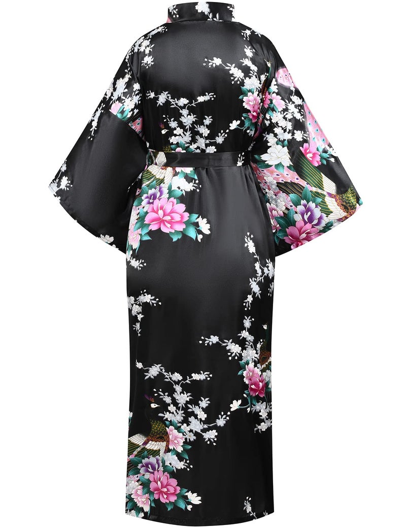 Heone Japanese Long Kimono Satin Peacock Printed Lightweight Cardigan Jacket Coat Loose Yukata Cloak Bathrobe Tops folding fans Tabi Socks Set(Black S-L) - Image 4