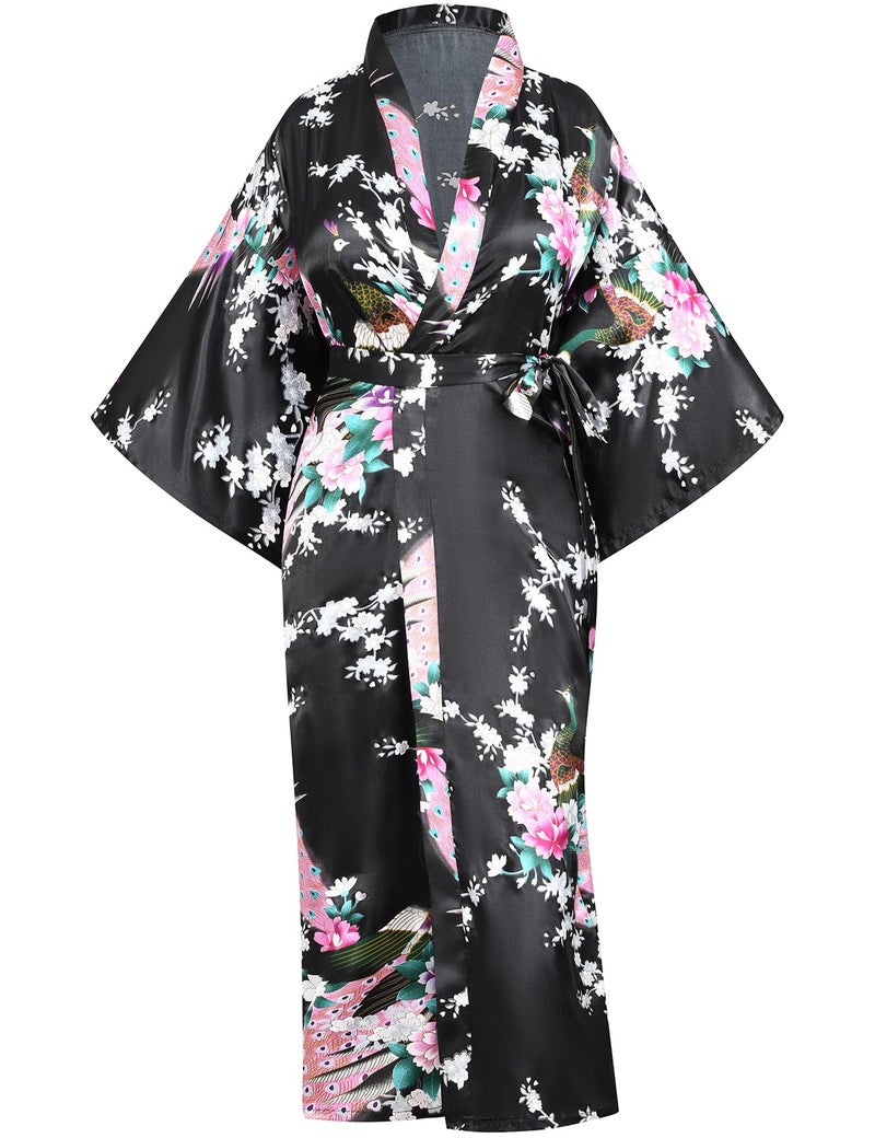 Heone Japanese Long Kimono Satin Peacock Printed Lightweight Cardigan Jacket Coat Loose Yukata Cloak Bathrobe Tops folding fans Tabi Socks Set(Black S-L) - Image 2