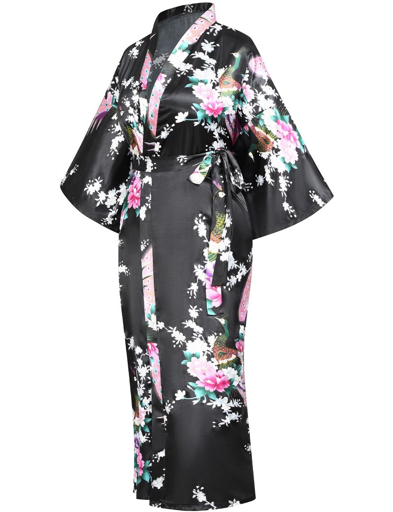 Heone Japanese Long Kimono Satin Peacock Printed Lightweight Cardigan Jacket Coat Loose Yukata Cloak Bathrobe Tops folding fans Tabi Socks Set(Black S-L) - Image 3