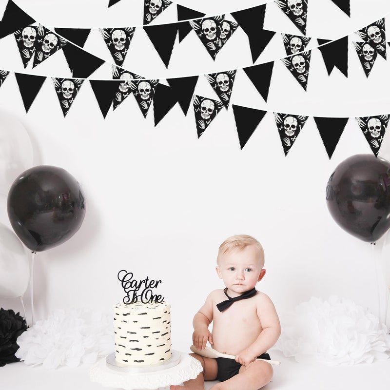 pinkblume 32Ft Black White Halloween Party Decorations Skull Fabric Pennant Pirate Banner Triangle Flag Bunting Garland Streamers for Halloween Pirate Birthday Jolly Roger Wedding Home Outdoor Party Supplies - Image 3