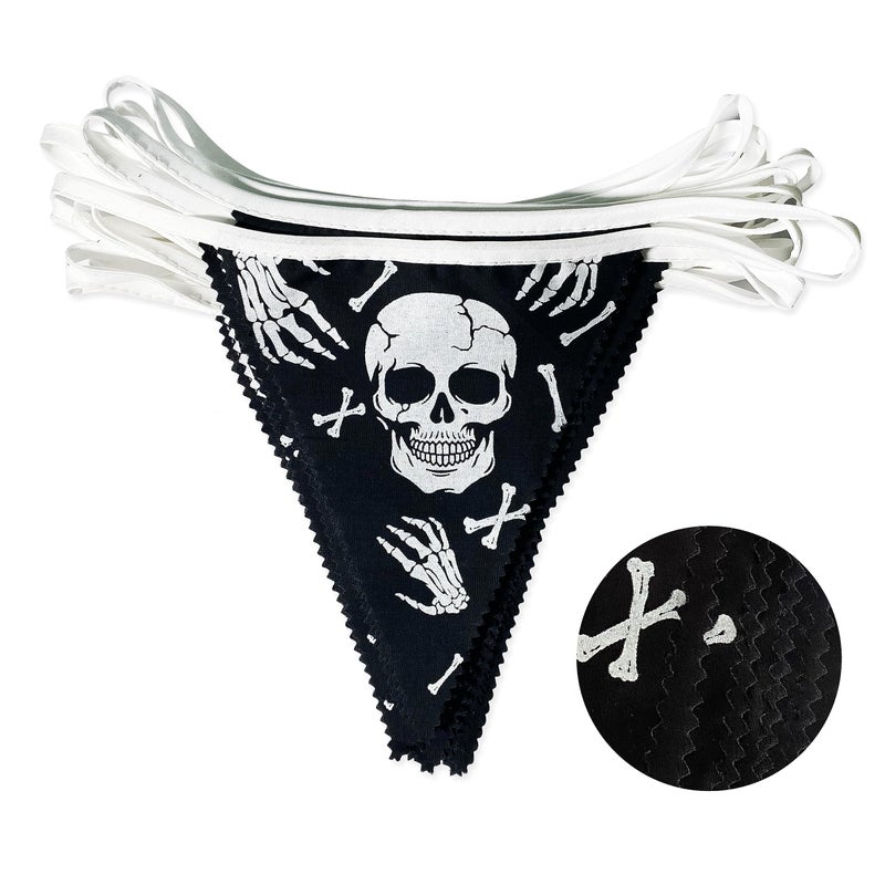 pinkblume 32Ft Black White Halloween Party Decorations Skull Fabric Pennant Pirate Banner Triangle Flag Bunting Garland Streamers for Halloween Pirate Birthday Jolly Roger Wedding Home Outdoor Party Supplies - Image 1