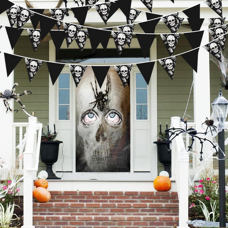 pinkblume 32Ft Black White Halloween Party Decorations Skull Fabric Pennant Pirate Banner Triangle Flag Bunting Garland Streamers for Halloween Pirate Birthday Jolly Roger Wedding Home Outdoor Party Supplies - Image 4