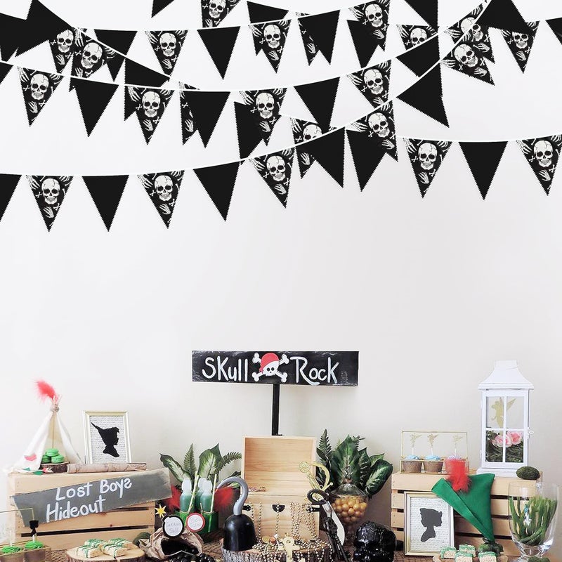 pinkblume 32Ft Black White Halloween Party Decorations Skull Fabric Pennant Pirate Banner Triangle Flag Bunting Garland Streamers for Halloween Pirate Birthday Jolly Roger Wedding Home Outdoor Party Supplies - Image 2