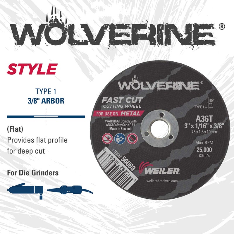 Weiler 56089 Die Grinder Cut-Off Wheel and Mandrel Kit including 56490 Mandrel and 3-Inch x 1/16" Wolverine T1 Thin Wheels, A36T, 3/8" AH (1 Mandrel and 10 Cutting Discs) - Image 4