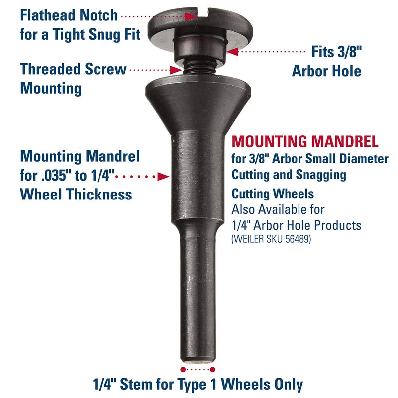 Weiler 56089 Die Grinder Cut-Off Wheel and Mandrel Kit including 56490 Mandrel and 3-Inch x 1/16" Wolverine T1 Thin Wheels, A36T, 3/8" AH (1 Mandrel and 10 Cutting Discs) - Image 2