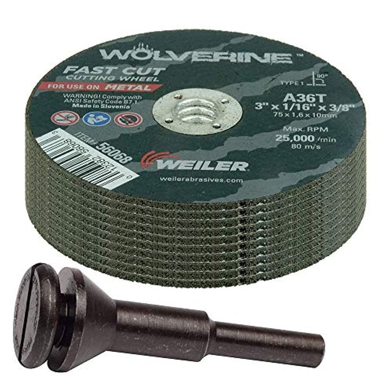 Weiler 56089 Die Grinder Cut-Off Wheel and Mandrel Kit including 56490 Mandrel and 3-Inch x 1/16" Wolverine T1 Thin Wheels, A36T, 3/8" AH (1 Mandrel and 10 Cutting Discs) - Image 1