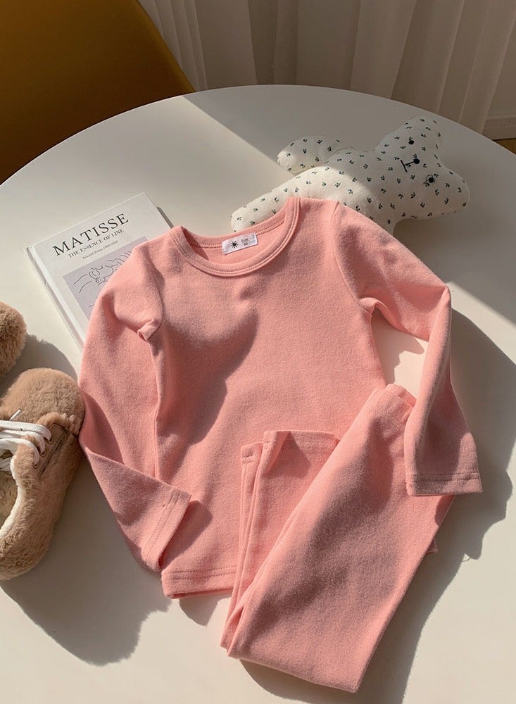 Kids Solid Color Thermal Underwear Set Cotton Soft Base Layer Top & Bottom Children's Pajama Set Lotus Pink
