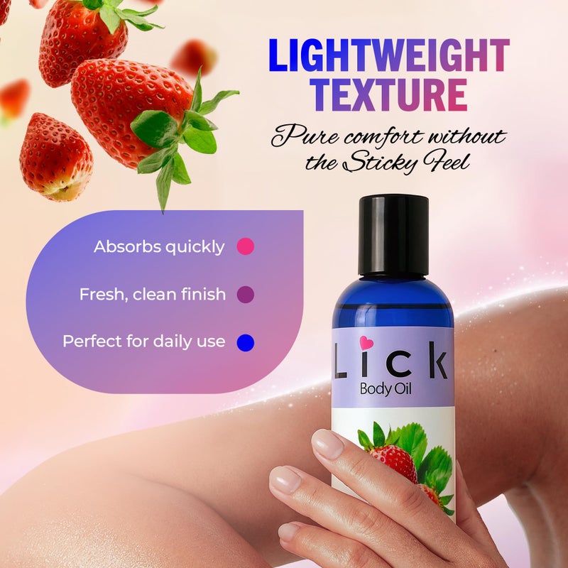 LICK زيت الجسم المعطر بالفراولة من ليك - زيت مرطب فاخر لبشرة متألقة، غني بزيوت الخروع واللوز والجرجير، وفيتامين E. مثالي للتدليك والعناية اليومية 4 أونصة سائلة. - Image 5