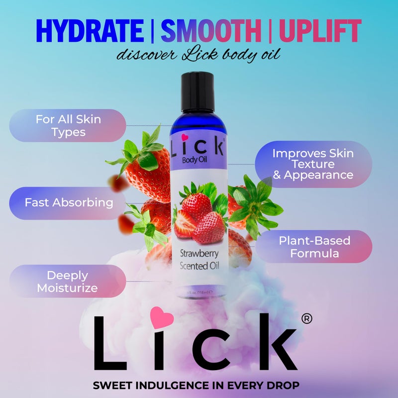 LICK زيت الجسم المعطر بالفراولة من ليك - زيت مرطب فاخر لبشرة متألقة، غني بزيوت الخروع واللوز والجرجير، وفيتامين E. مثالي للتدليك والعناية اليومية 4 أونصة سائلة. - Image 4