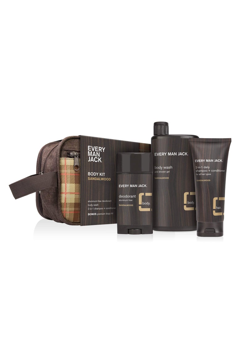 Every Man Jack - Every Man Jack Body Kit - Sandalwood | Body Wash, 2-in-1 Shampoo + Conditioner, Deodorant + Dopp Bag | - Image 1