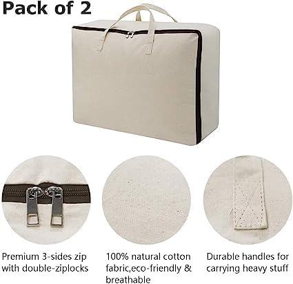 TAKIVA Cotton Canvas Foldable Bed Storage Organizer Pack Of 4 | Quilt Storage Bags Big Size, Blanket Storage Of Extra Large, Underbed Storage Bag For Clothes (60 X 45 X 22 Cm), Off-White - Image 3