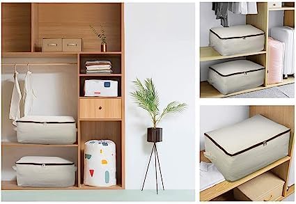 TAKIVA Cotton Canvas Foldable Bed Storage Organizer Pack Of 4 | Quilt Storage Bags Big Size, Blanket Storage Of Extra Large, Underbed Storage Bag For Clothes (60 X 45 X 22 Cm), Off-White - Image 4
