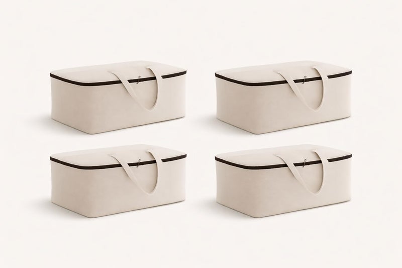 TAKIVA Cotton Canvas Foldable Bed Storage Organizer Pack Of 4 | Quilt Storage Bags Big Size, Blanket Storage Of Extra Large, Underbed Storage Bag For Clothes (60 X 45 X 22 Cm), Off-White - Image 1