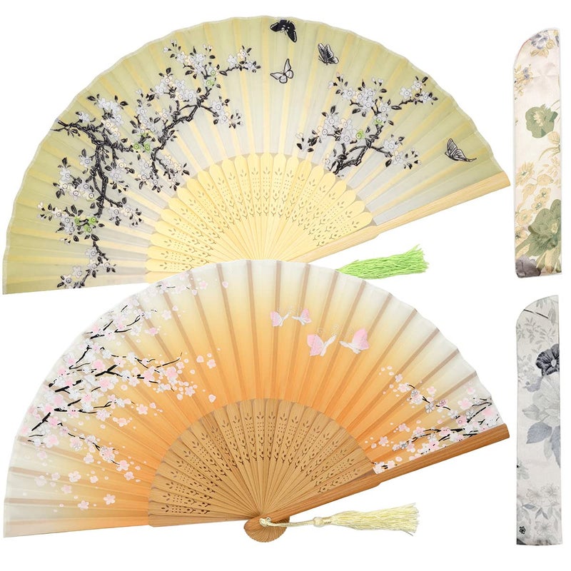 Leehome Small Folding Hand Fans for Women Chinese Japanese 2pcs Vintage Bamboo Silk Fans  for Dance Music Festival Wedding Party DecorationsGift Green Sakura Butterflies  Yellow Sakura