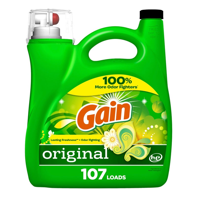 Gain منظف غسيل سائل غين، رائحة أصلية، 154 أونصة سائلة، 107 غسلات، انتعاش + مكافحة الروائح، مناسب للغسالات عالية الكفاءة - Image 1