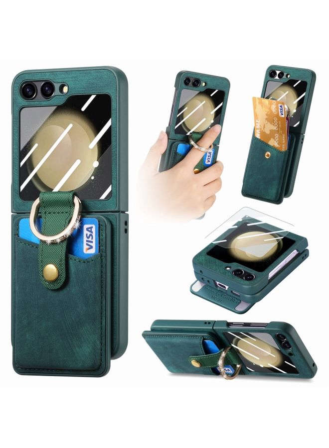 Case Cover For Samsung Galaxy Z Flip5 5G Integrated Magnetic Card Wallet Diamond-encrusted Ring Phone Case (Green)