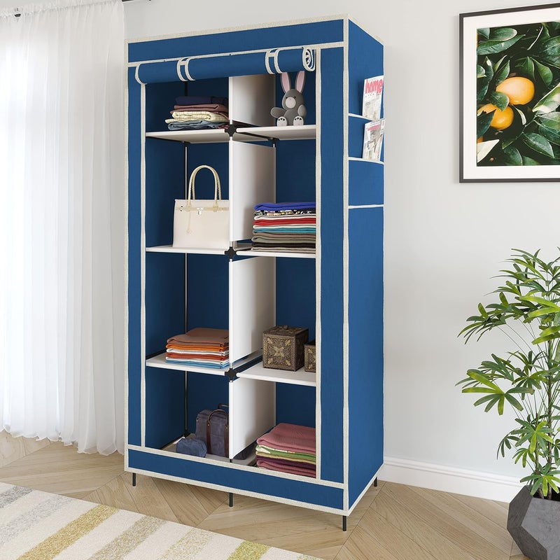 GTC Collapsible Wardrobe Closet for Clothes Almira 8 Shelves 1 Side Pocket NonWoven Fabric 90GSM 76x38x145cm 77002 Blue - Image 1