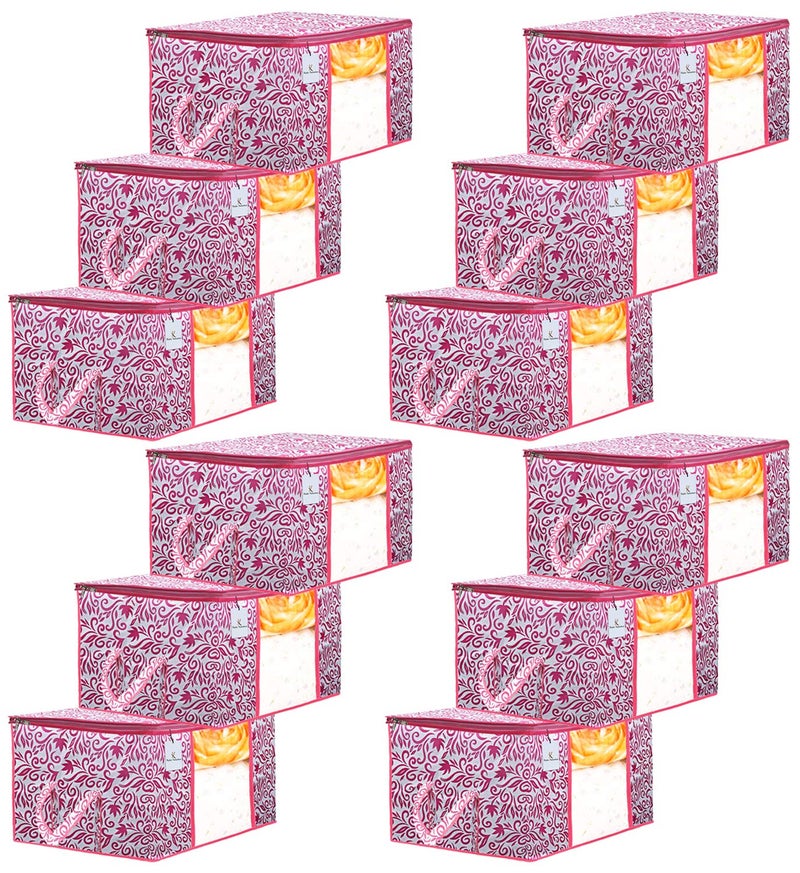 Kuber Industries Leaf Design 12 Piece Non Woven Underbed Storage BagStorage OrganiserBlanket Cover with Transparent WindowExtra Large Pink CTKTC34491 - Image 1