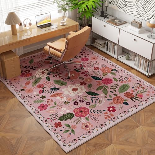 Rugcomf Bedroom Rug 3x5 Rug Washable Area Rug Non Slip Low Pile Boho Floral Small Carpet for Bedroom Bedside Kitchen Entryway Kids Room Office College Dorm Essentials for GirlsPink - Image 3