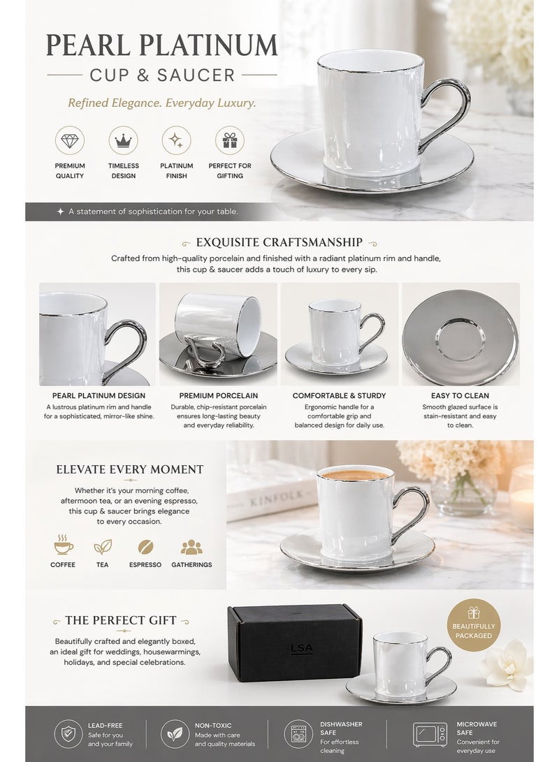 LSA Palazzo Coffee Cup & Saucer 100ml Pearl Platinum Elegant Fine Dining Set, Made in Poland - Image 2