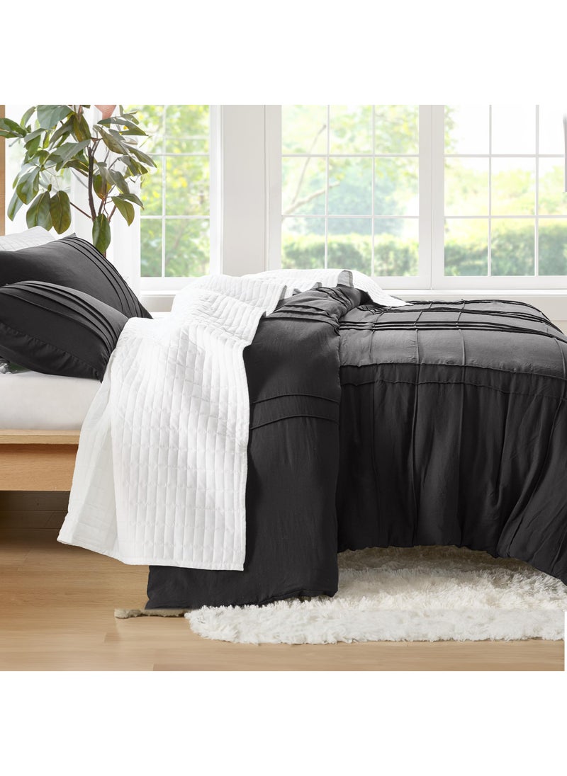 Comfort Spaces Comfort Spaces Black Full Size Duvet Cover Set - 3-pc Pintuck Pleated Duvet Cover  All Season Lightweight  Extra Softness Pre-Washed Microfiber Bed Cover Shams  - Image 2