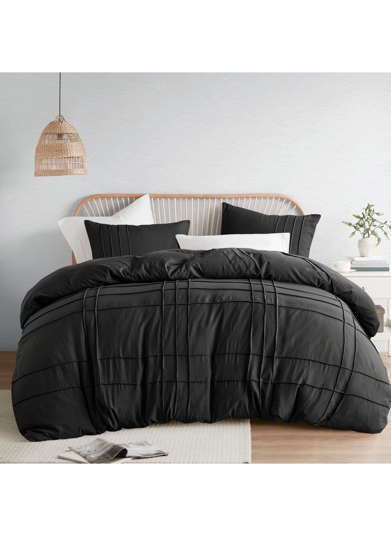 Comfort Spaces Comfort Spaces Black Full Size Duvet Cover Set - 3-pc Pintuck Pleated Duvet Cover  All Season Lightweight  Extra Softness Pre-Washed Microfiber Bed Cover Shams  - Image 1
