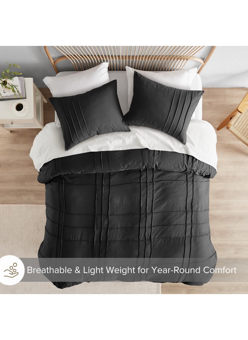 Comfort Spaces Comfort Spaces Black Full Size Duvet Cover Set - 3-pc Pintuck Pleated Duvet Cover  All Season Lightweight  Extra Softness Pre-Washed Microfiber Bed Cover Shams  - Image 4