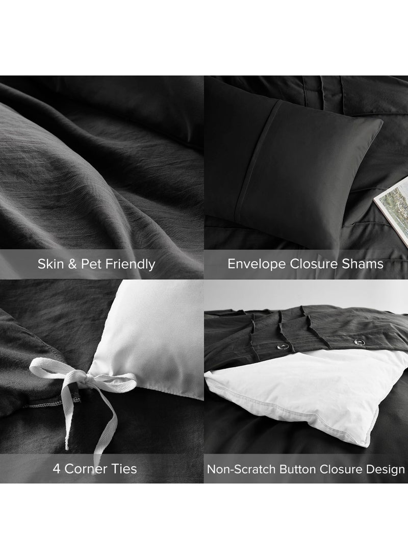 Comfort Spaces Comfort Spaces Black Full Size Duvet Cover Set - 3-pc Pintuck Pleated Duvet Cover  All Season Lightweight  Extra Softness Pre-Washed Microfiber Bed Cover Shams  - Image 5
