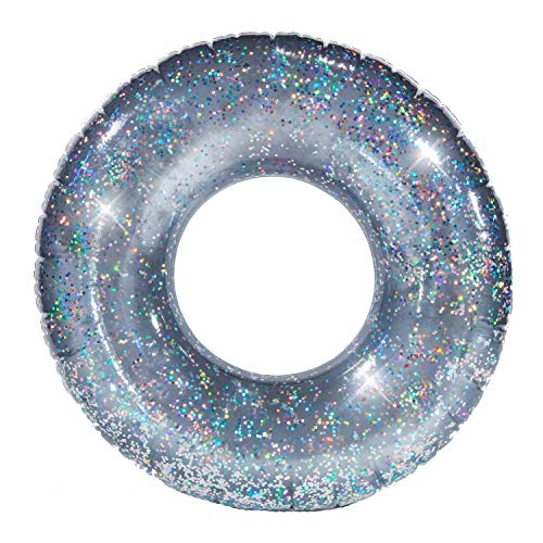 PoolCandy Jumbo 48 Silver Glitter Pool Tube Extra Large Inflatable Swim Ring HeavyDuty PVC Beach Lake Float for Teens Adults - Image 1