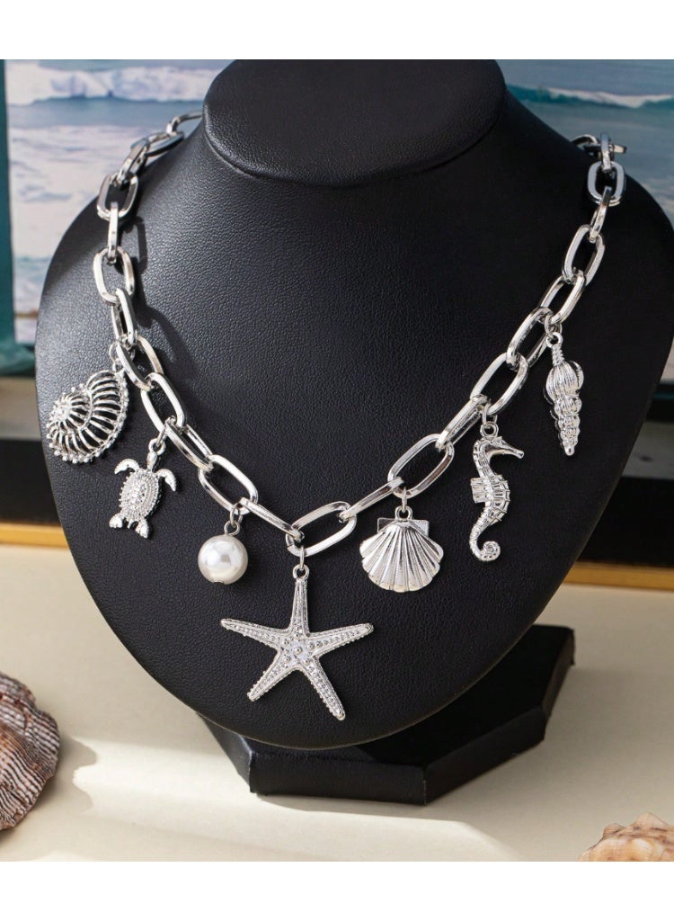 Shein 1pc Beach Vacation Style Metal Ocean Creature Pendant Necklace, Suitable For Women's Everyday And Holiday Wear - Image 2