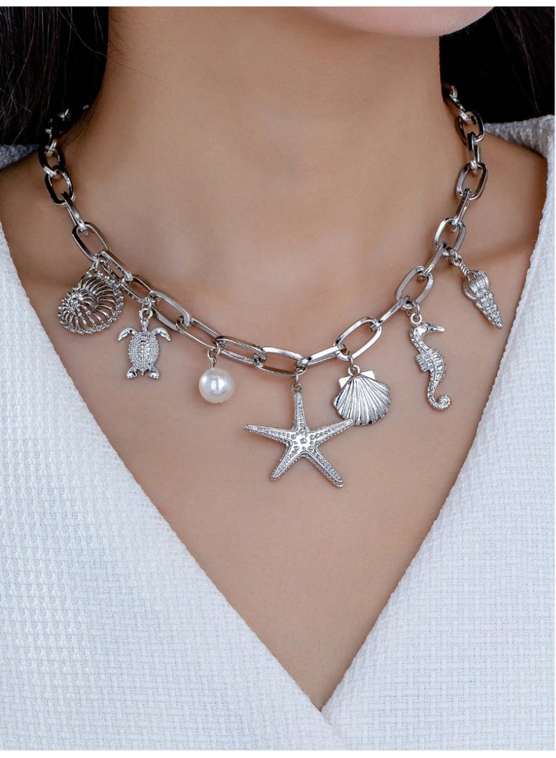 Shein 1pc Beach Vacation Style Metal Ocean Creature Pendant Necklace, Suitable For Women's Everyday And Holiday Wear - Image 3