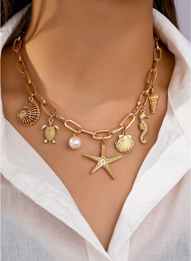 Shein 1pc Beach Vacation Style Metal Ocean Creature Pendant Necklace, Suitable For Women's Everyday And Holiday Wear - Image 1