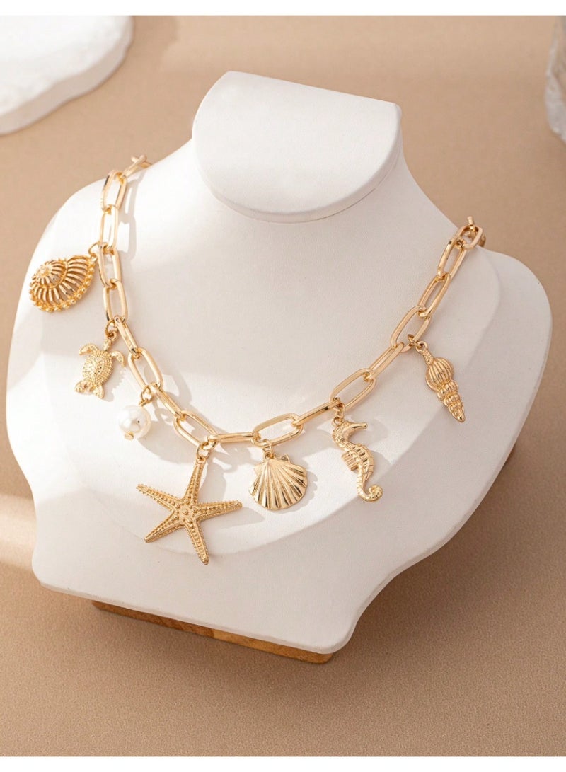 Shein 1pc Beach Vacation Style Metal Ocean Creature Pendant Necklace, Suitable For Women's Everyday And Holiday Wear - Image 4