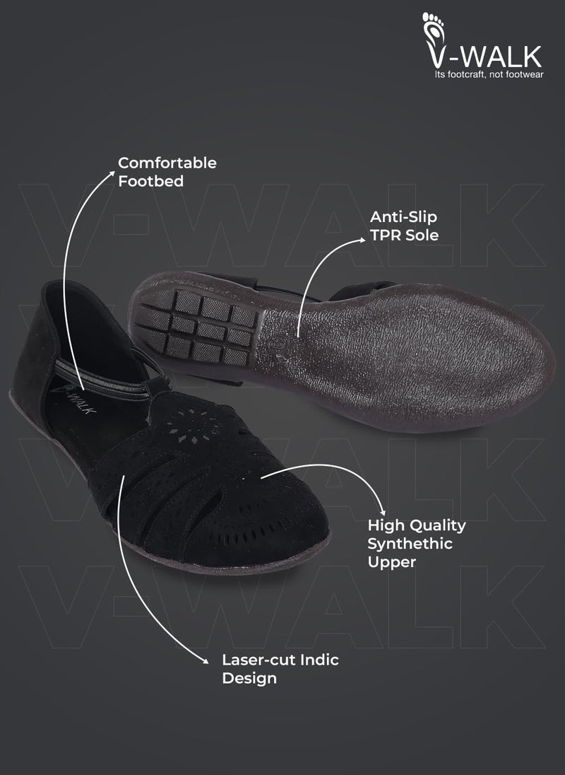 V-WALK Women's Laser-Cut Design Daily-Wear Casuals Ankle-Strap Flat Sandals | Casual, Office, College, Work, Shopping, Outdoor Sandals for Women | Black - Image 4