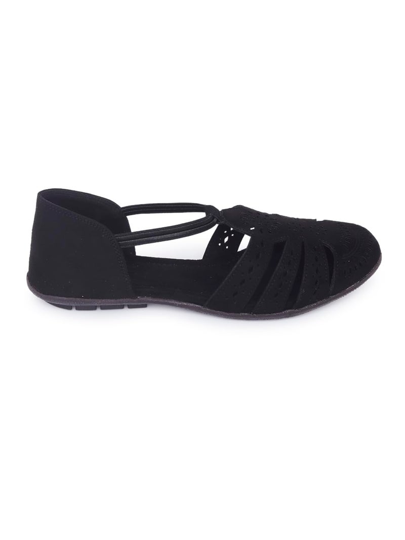 V-WALK Women's Laser-Cut Design Daily-Wear Casuals Ankle-Strap Flat Sandals | Casual, Office, College, Work, Shopping, Outdoor Sandals for Women | Black - Image 5